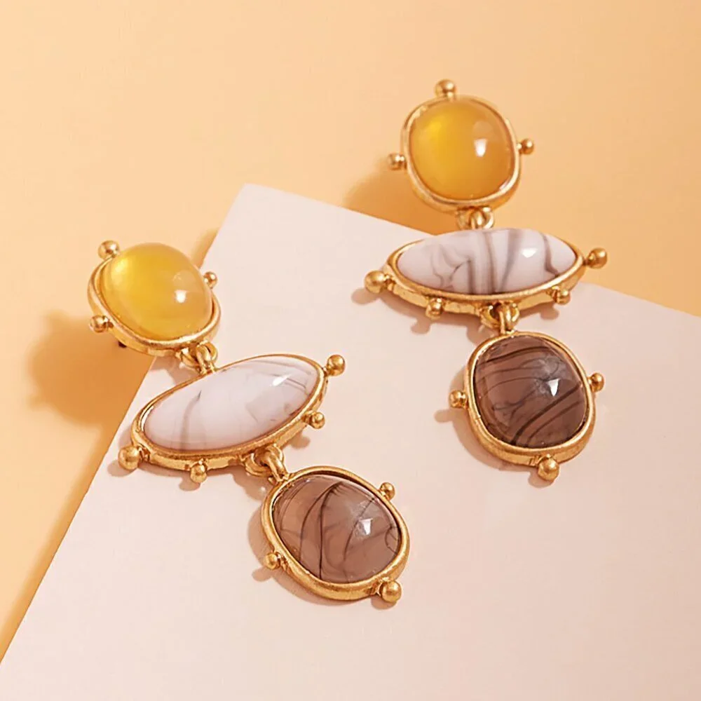 NEW Bohemian Abstract Triple Stone Cluster Dangle Earrings
